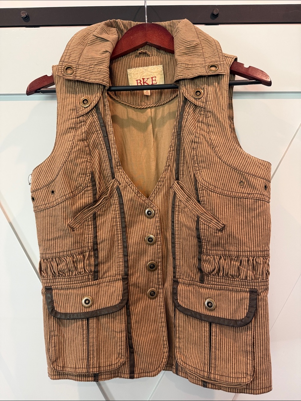 BKE Brown Striped Utility Vest with Multiple Pockets